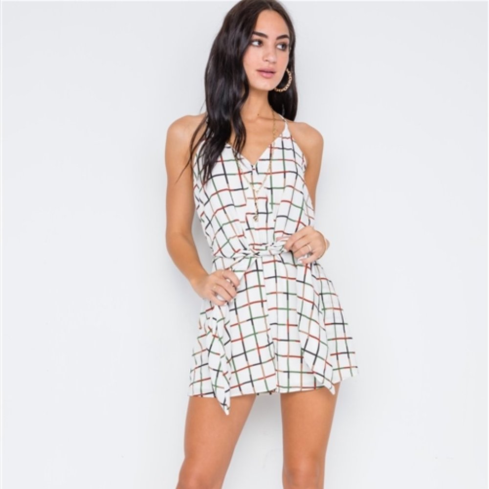 LAST- White Geometric Print Tie Waist Romper